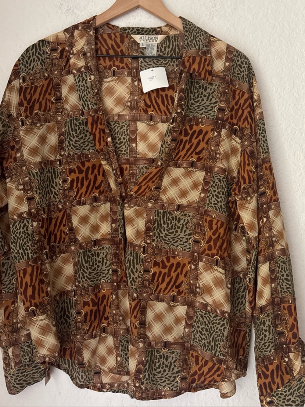 VIntage Allison Taylor silk  equestrian and animal print blouse size Large
